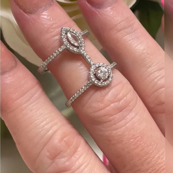 DOUBLE CONNECTED RING
STERLING SILVER MARQUE AND BRILLIANT
CUT WHITE SAPPHIRE 8 - Picture 1 of 9